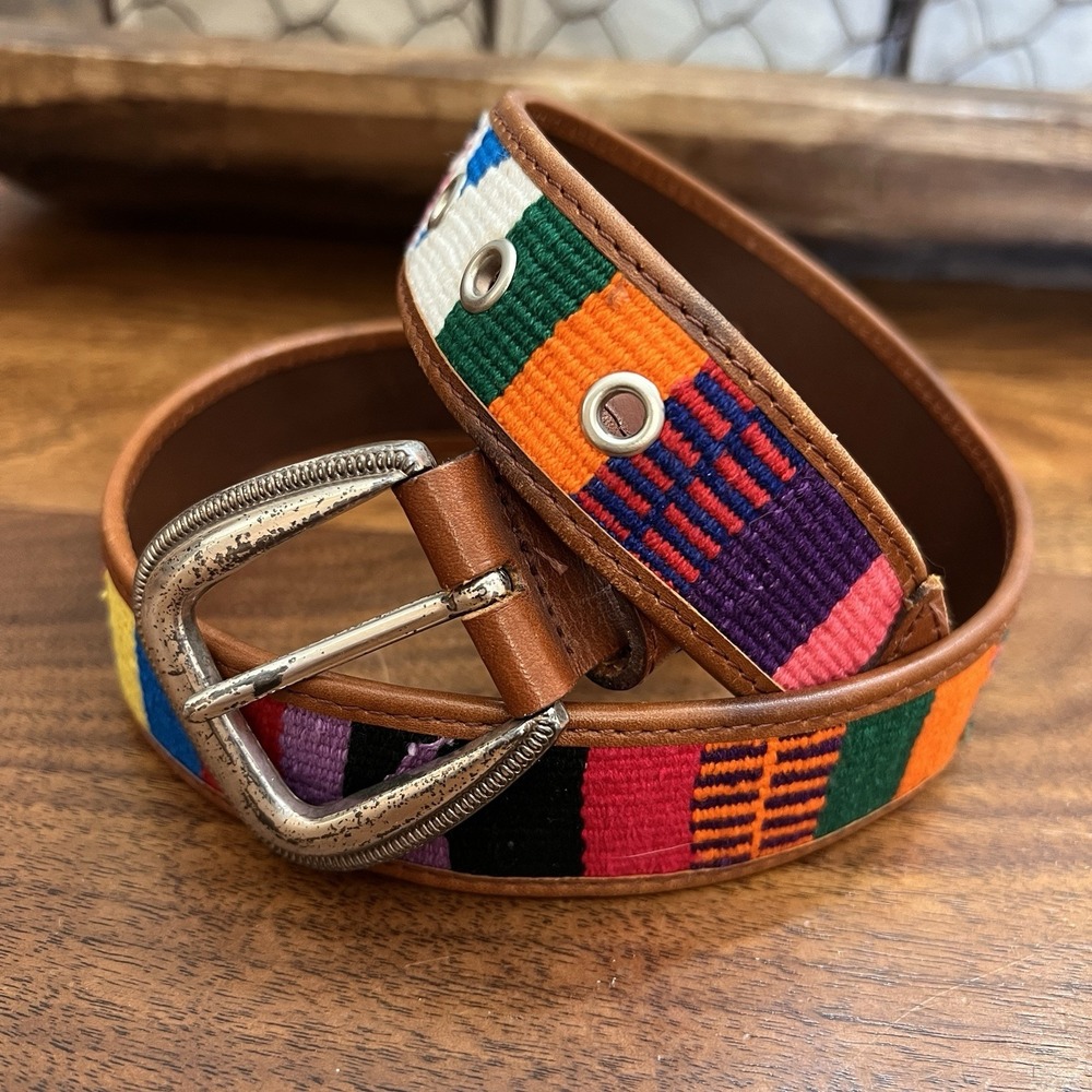 Vintage Fossil Belt S Brown Leather Multicolor Woven Silver Western Southwest 90